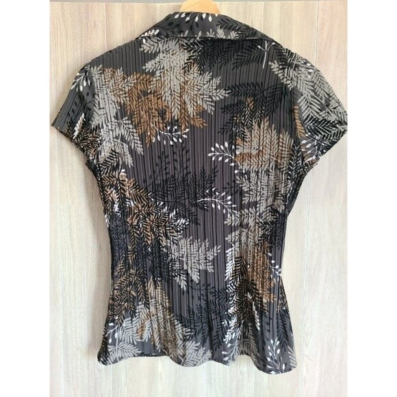 APT. 9 Pleated Blouse Petite PS Gray Brown Leaf Print Button Front Short Sleeve - Picture 2 of 6
